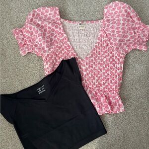 Billabong Pink and White Smocked Blouse with Ruffled Short Sleeves